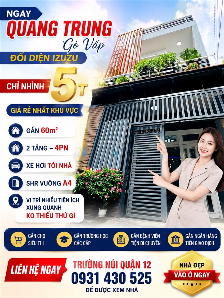 Ngay quang trung hẻm xe hơi 59m2  4pn chỉ 5.58tỷ