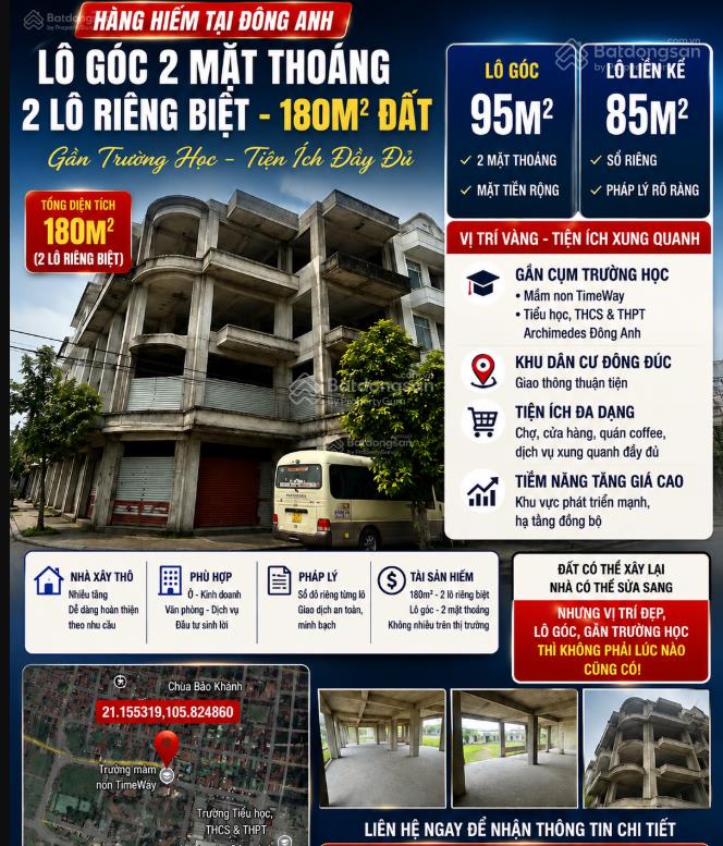 Hàng hiếm đông anh lô góc 2 mặt thoáng, 180m2 sổ riêng gần trường học