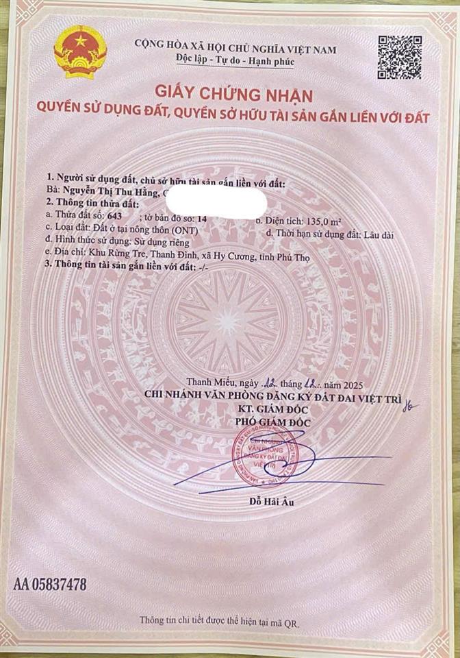 CHÍNH CHỦ CẦN TIỀN – BÁN LỖ ĐẤT THANH ĐÌNH, VIỆT TRÌ
