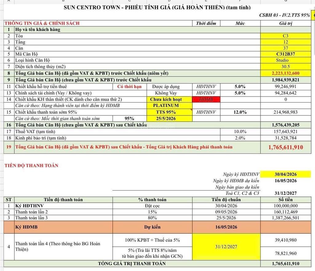 Quỹ căn độc quyền studio sun centrol town chỉ 1,765 tỷ sát bãi biển, đối diện bar valley sôi động