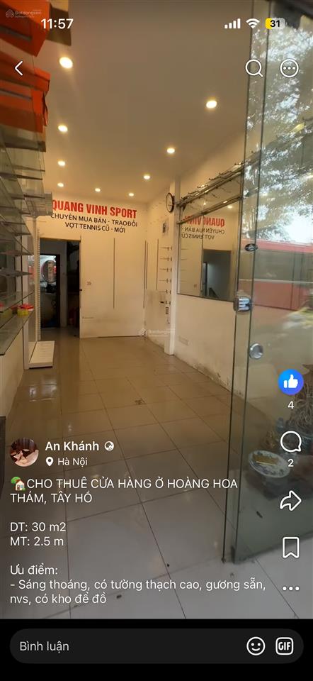 Cho thuê cửa hàng ở hoàng hoa thám, tây hồ, dt 30 m2  mt 2.5 m