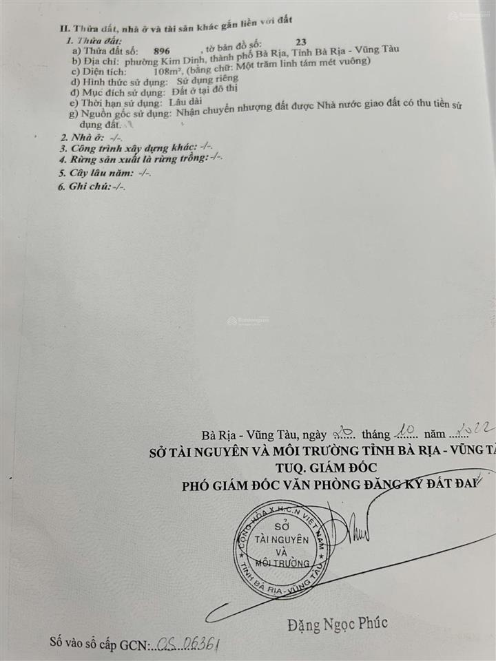 Bán đất dự án đồng nhân  p. kim dinh  tp. bà rịa cũ