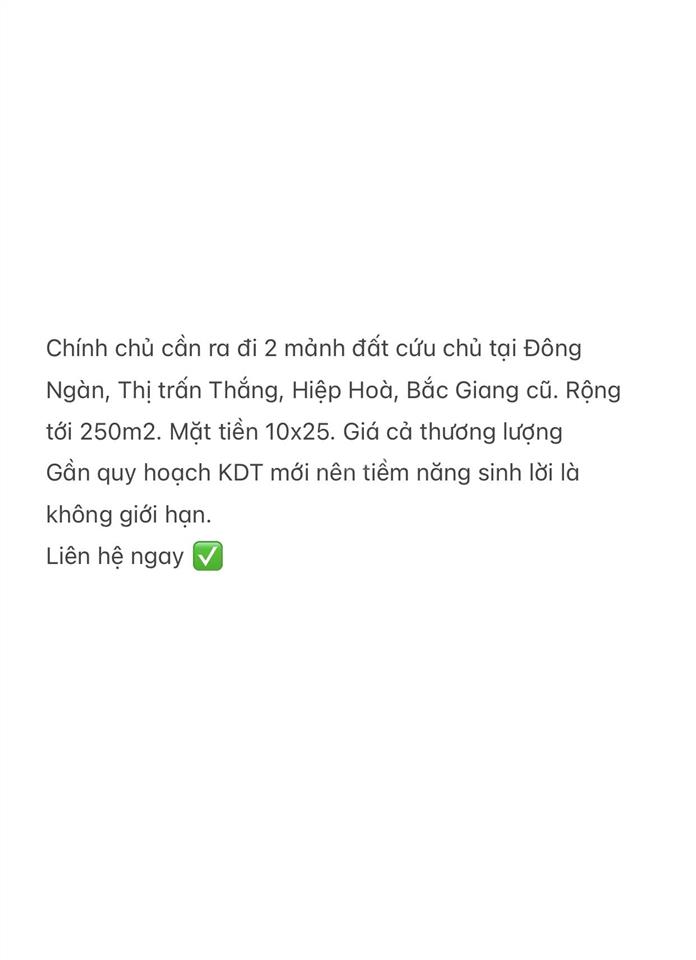 Chính chủ cần tiền ra nước ngoài bán gấp 2 mảnh đất tổng 250m2 đông ngàn, hiệp hoà, bắc giang