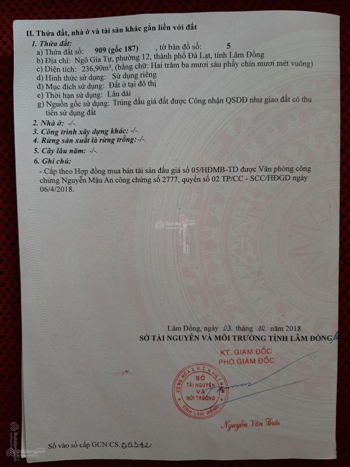 Bán đất ở phường 12, đà lạt, lâm đồng, giá 8,5 tỷ, diện tích 237 m2, chính chủ
