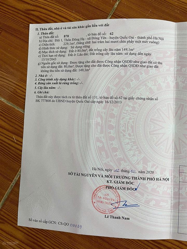Bán gấp đất tại đông yên, quốc oai, hà nội giá siêu hời 5,5 tỷ, 229 m2