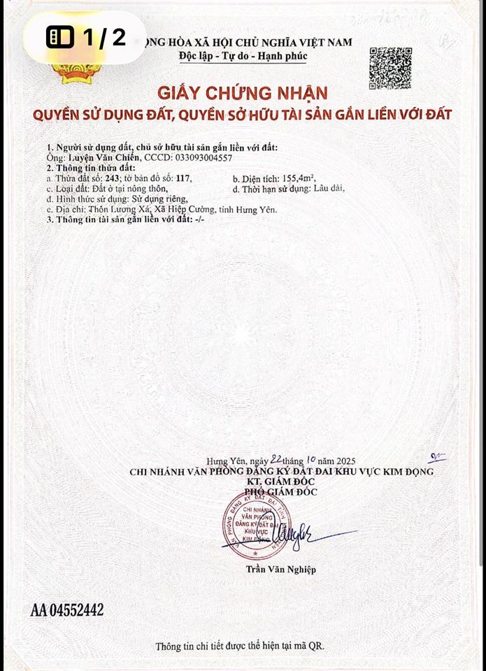 70.4m2 full thổ cư tại hiệp cường, kim động, hưng yên chỉ 1tỷ2  0944 874 ***