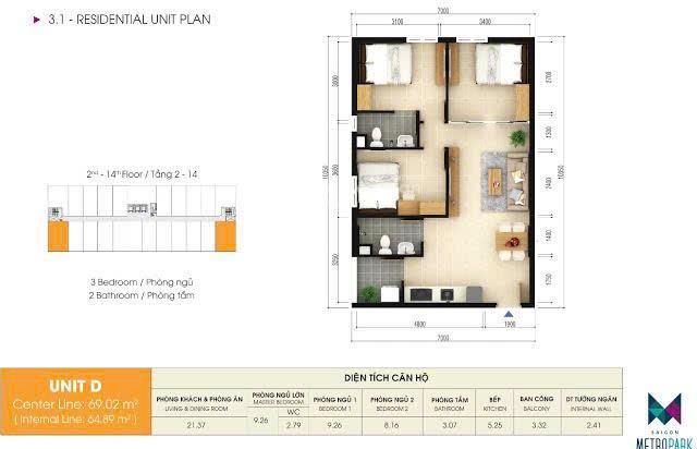 Căn hộ 3pn, 2wc tại sài gòn metro park, giá ưu đãi 3,5 tỷ, 69m2