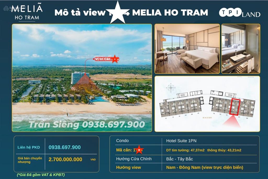 Bán căn hộ melia hồ tràm view trực diện biển, tầng cao, chỉ 2,7 tỷ (bao hết thuế phí)