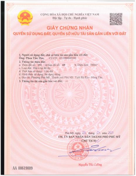 Bán đất thổ cư 5x20m, 100m², khu 37ha phú mỹ, không vướng phong thủy, 2,6 tỷ,  0902 709 ***
