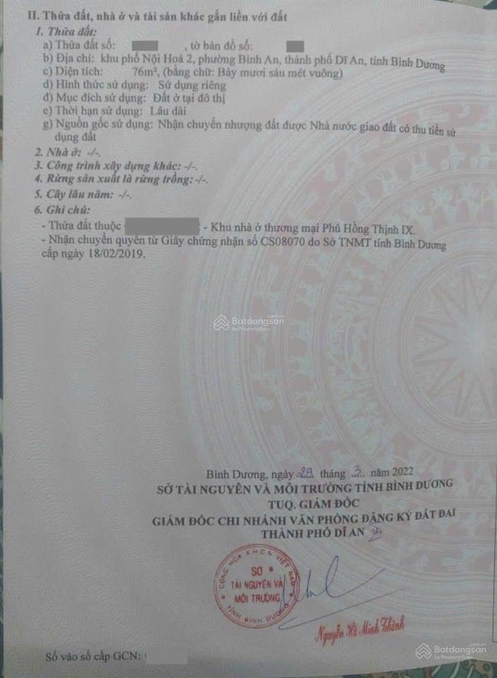 Đất 76m2 kdc phú hồng thịnh 9, phường bình an, tp dĩ an