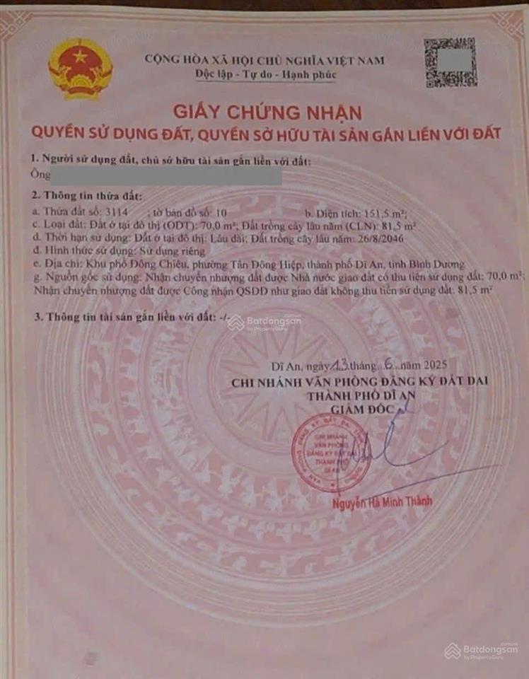 Đất gần ngã 4 chiêu liêu, phường tân đông hiệp, tp dĩ an