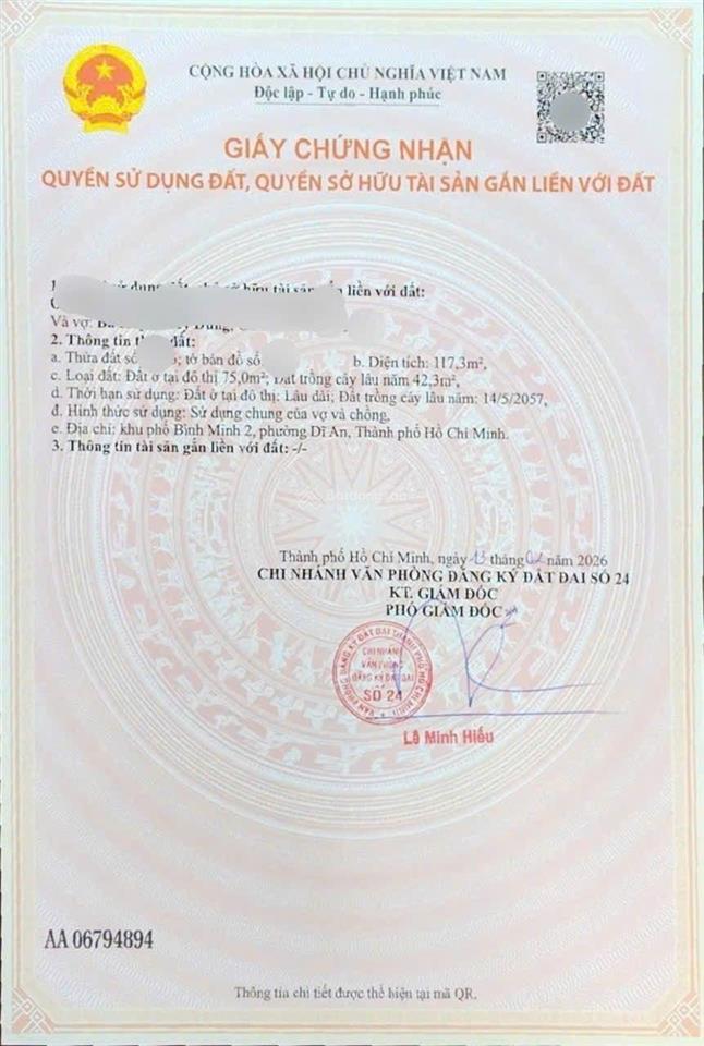 Đất 117,3m2 kdc gần khu hành chính, phường dĩ an, tp dĩ an