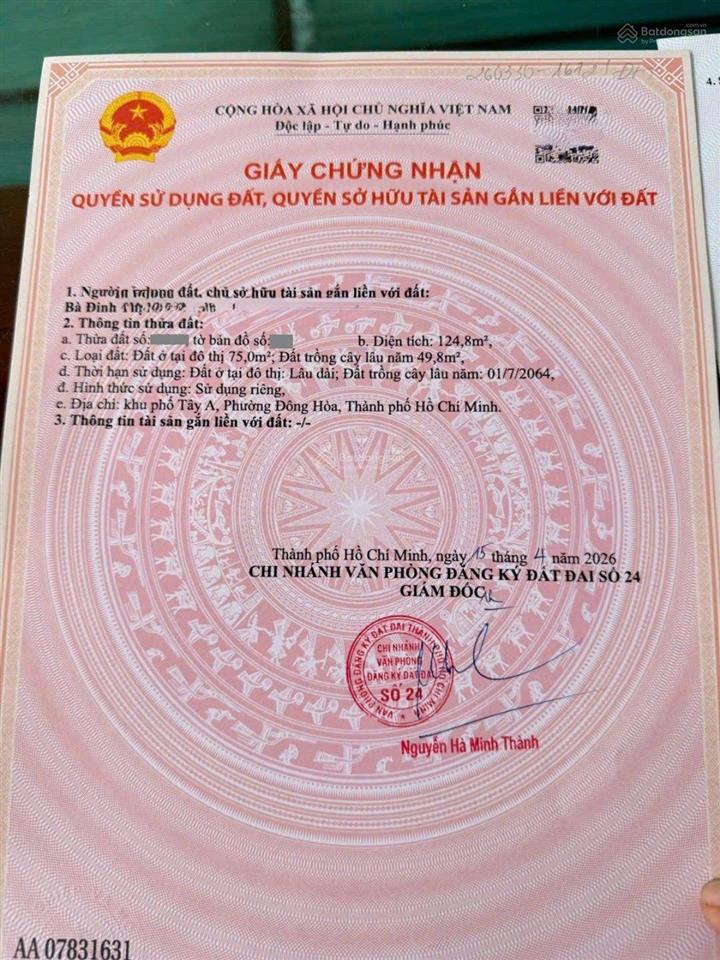 Đất 124,8m2 kdc gần big c go dĩ an, phường đông hoà, tp dĩ an