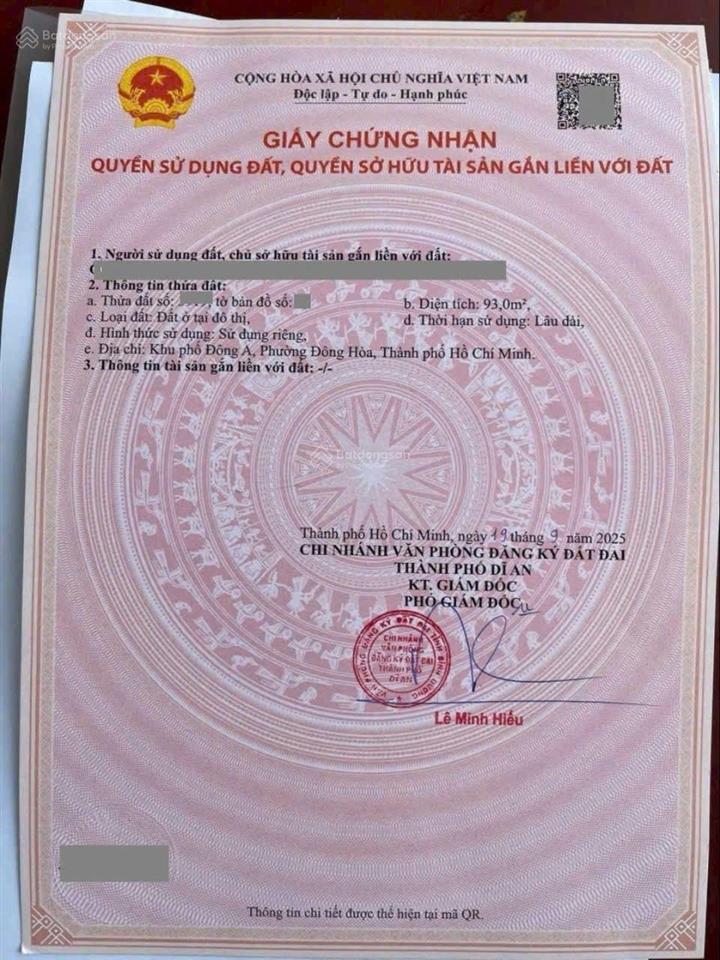 Đất 93m2 ngang 5m khu tái định cư đông chàm gần bigc go, phường đông hòa, tp dĩ an
