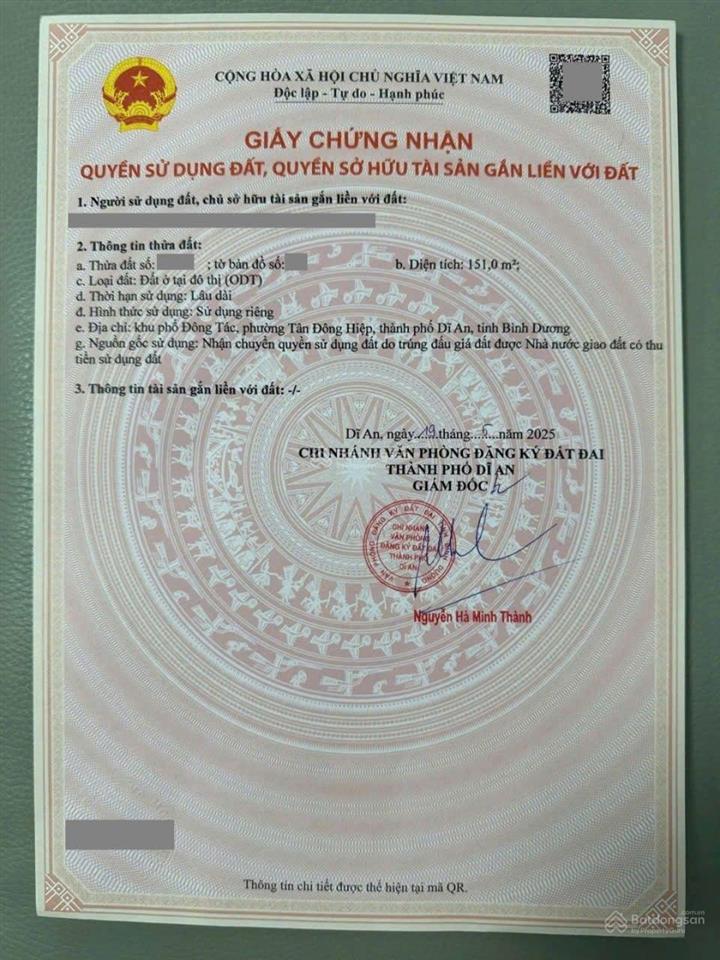 Đất 151m 2 mặt tiền khu dân cư dapark gần ngã tư bình thung, phường tân đông hiệp, tp dĩ an.