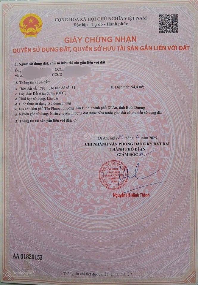 Đất kdc lê phong tân bình, phường tân bình, tp dĩ an