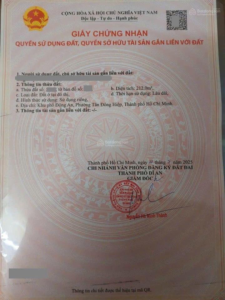 Đất mặt tiền đẹp 212m2 chợ kdc đông an, phường tân đông hiệp, tp dĩ an