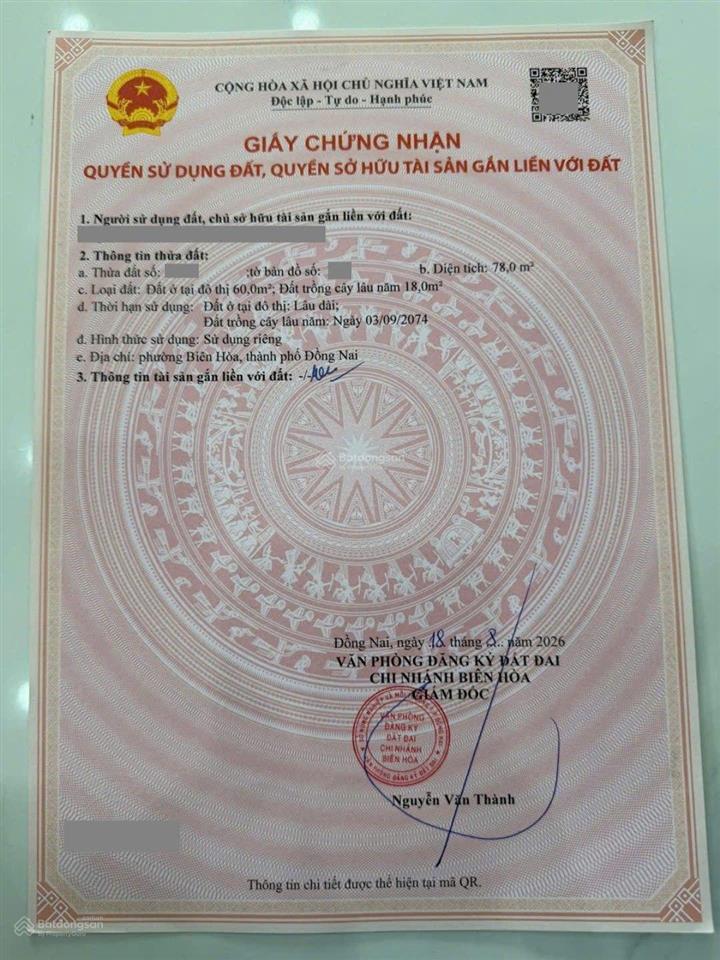 Đất 78m2 kdc hẻm nguyễn tri phương gần vòng xoay cầu hang p. biên hòa đồng nai