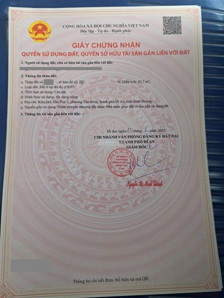 Đất đẹp 63m2 ngang 5m kdc đất mới, gần ngã tư chiêu liêu, phường tân bình, tp dĩ an