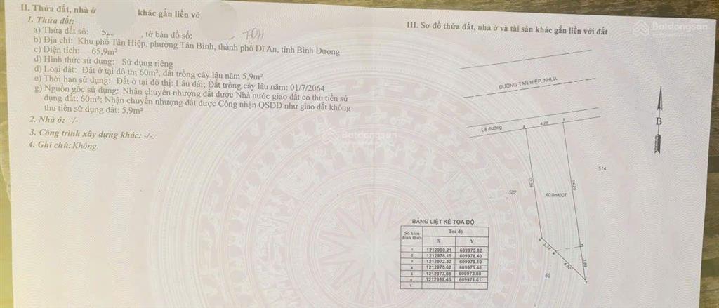 Đất 66m mặt tiền đường tân hiệp gần chợ phú an và ngã tư liên huyện phường tân bình, tp dĩ an