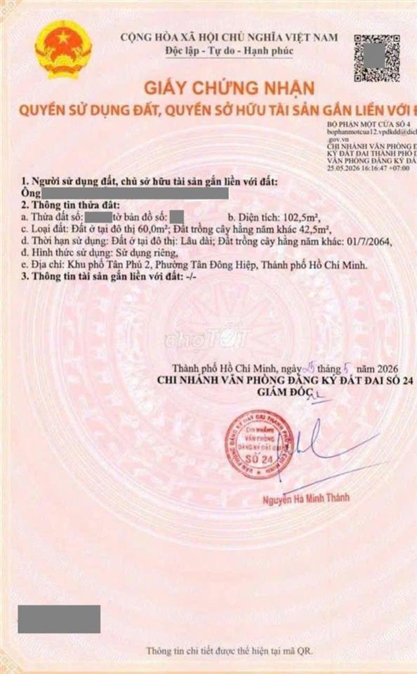 Đất đẹp 103m2 kdc gần chợ tân bình, phường tân bình, tp dĩ an