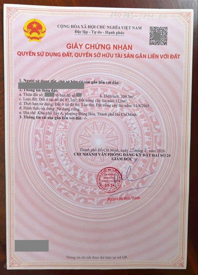 Đất 110m2, ngang 4.6m, kdc gần bigc go dĩ an, phường đông hòa, tp dĩ an