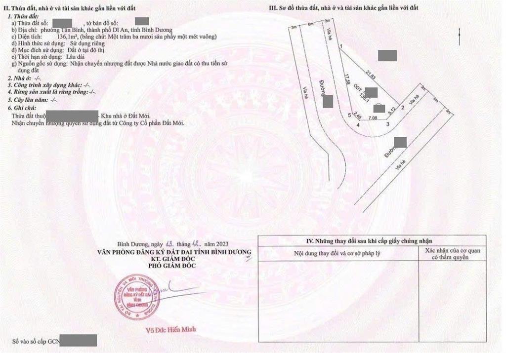Đất 136m góc 2 mặt tiền kdc đất mới, gần ngã tư chiêu liêu, phường tân bình, tp dĩ an.