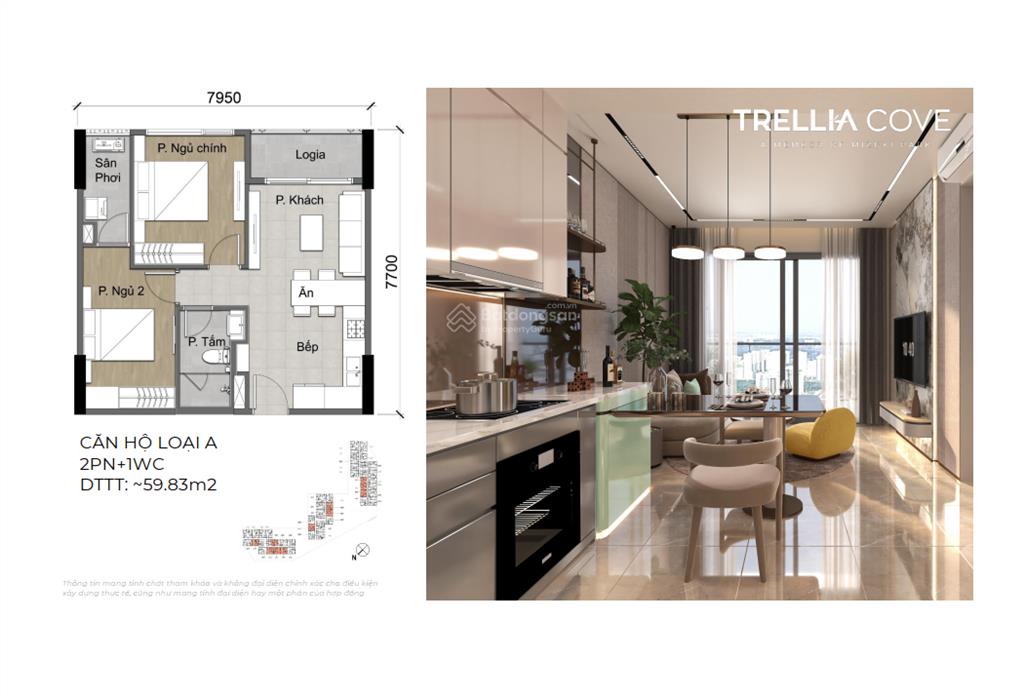 Ch trellia cove 59m², 2pn 1wc, giá 4.25 tỷ full, nhà mới 100%, bàn giao 6/2027