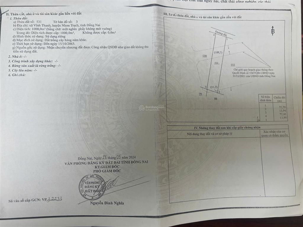 Bán đất 1000m2  giá 2,8 tỷ tại vĩnh thanh, nhơn trạch, đồng nai