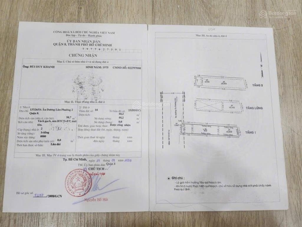 Bán đất tặng nhà cũ 1 trệt 1lửng 1lầu  dt đất 44m2 3 x 14.7m  giá 6,5 tỷ tl   0905 134 *** hiếu