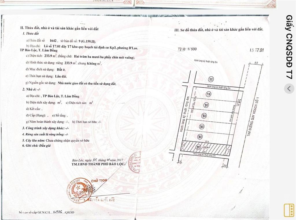 Bán đất tại qh 01 bệnh viện mới bảo lộc, 7x33 = 234m2 full thổ cư