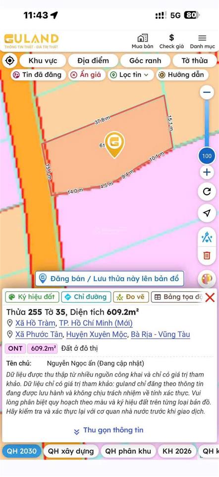 Bán đất xuyên mộc bà rịa vũng tàu 609m2 giá chỉ 3.7 tỷ