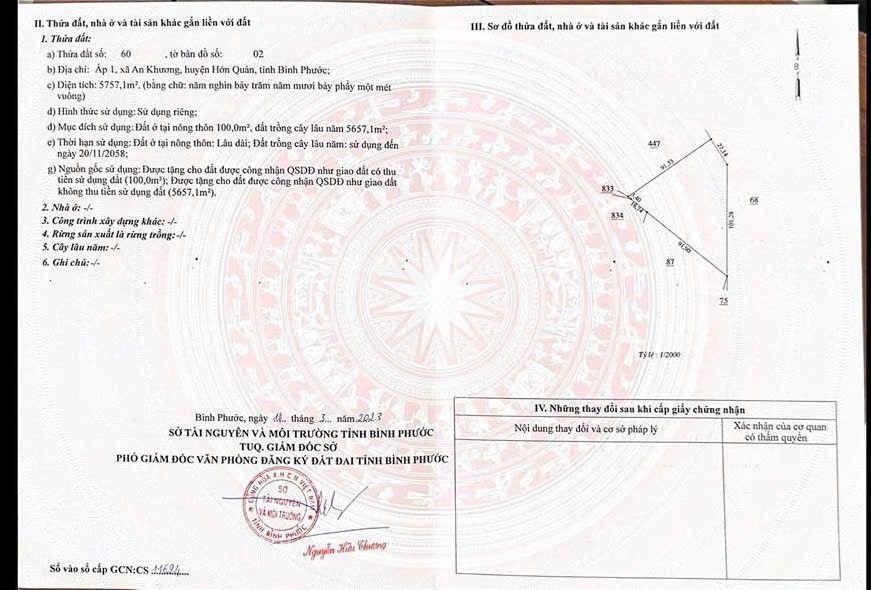 Chỉ 10 tỷ | đất vườn 5.757,1m có 100m thổ cư ấp 1, xã an khương, hớn quản.