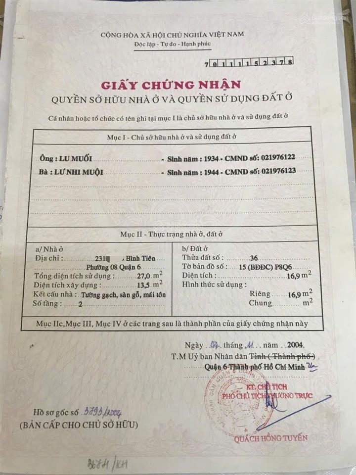 Chính chủ bán nhà hẻm 231 bình tiên phường 8 quận 6 trệt lầu, giảm còn 2 tỷ 200 triệu