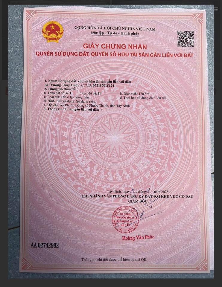 Đất đẹp vuông vức nằm gần kcn phước đông, gò dầu, tây ninh. diện tích 170m2 giá 800 triệu. shr