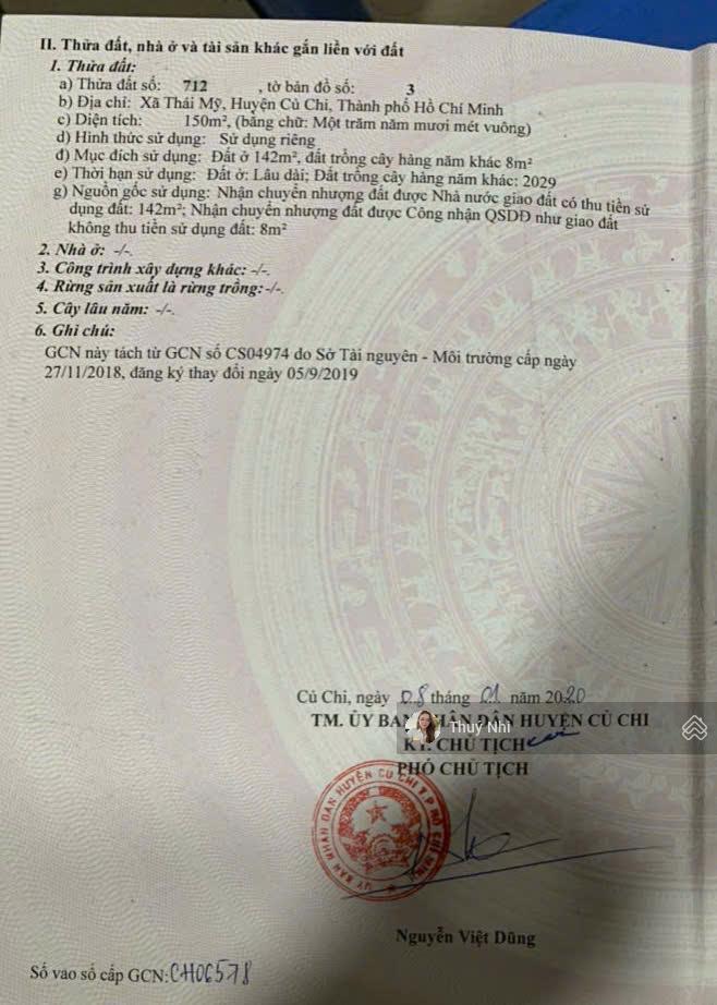 Chủ kẹt tiền cần bán nhanh lô đất 150m2, mt đ. võ văn điều, thái mỹ, củ chi. giá 800 triệu, shr