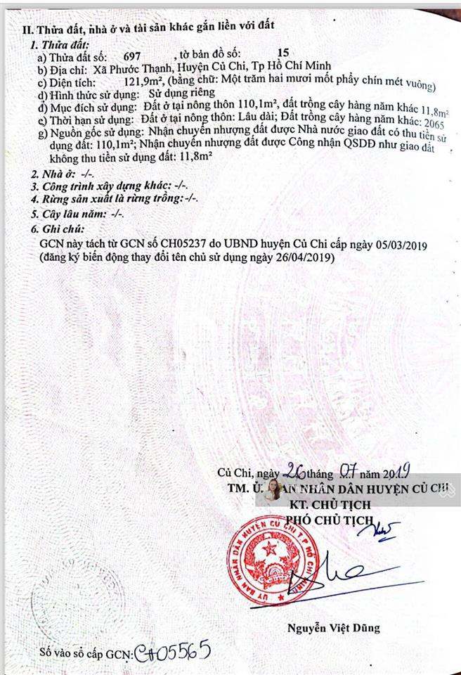 Bán nhanh lô đất 121m2 đường cây da, xã phước thạnh, củ chi. giá 121,9m2. shr