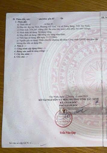 Chủ gửi bán nhanh lô đất 379m2 1 sẹc đ.đặng văn trước,an tịnh, trảng bàng. giá 680 triệu.shr