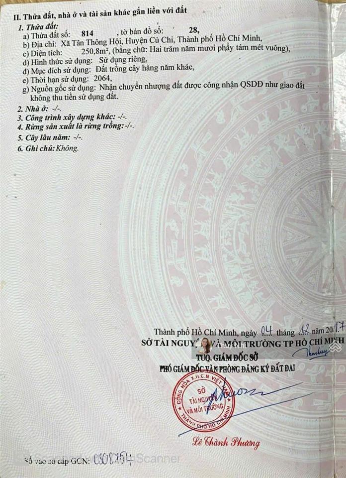 Bán lô đất đ. số 28, xã tân thông hội, củ chi. diện tích 250m2, giá 760 triệu, shr