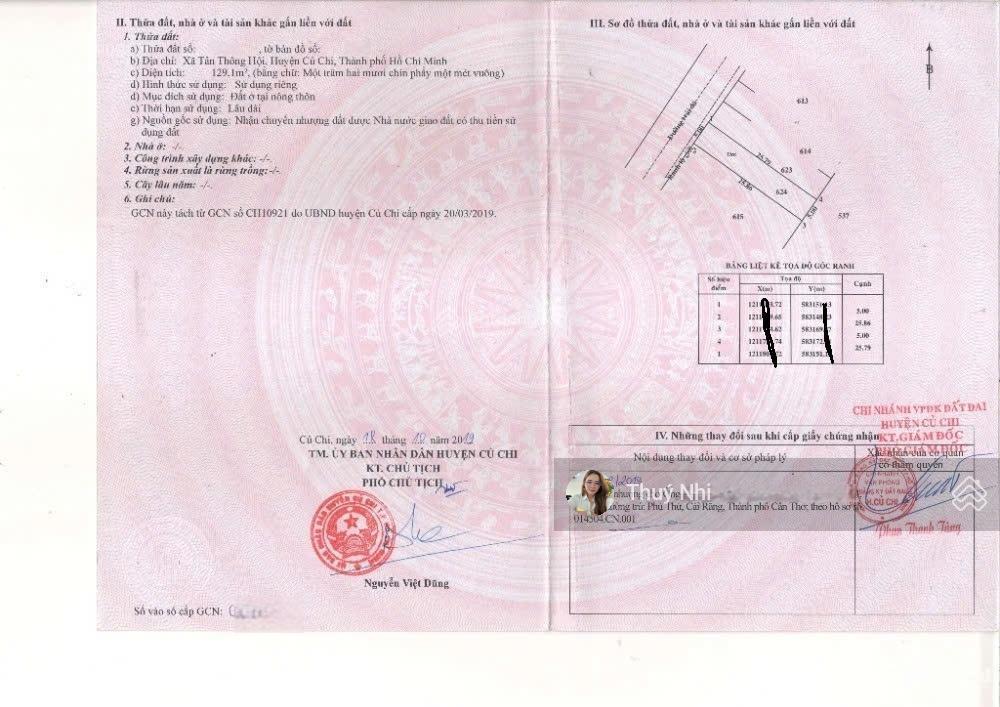 Bán gấp 129m2 đường liêu bình hương, tân thông hội, củ chi. cách ql22 400m. shr, giá 750 triệu