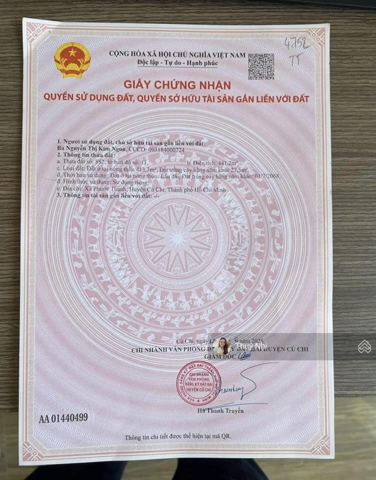 Ngộp. bán gấp lô đất mt 441m2 đ. võ văn điều, phước thạnh, củ chi. shr, giá 1 tỷ5