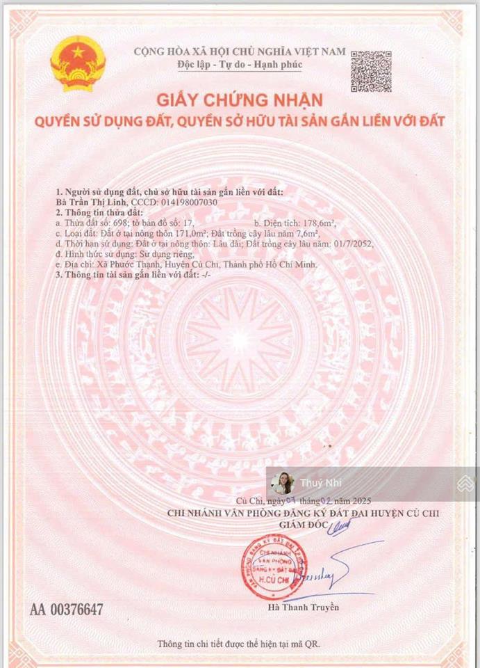 Chủ kẹt tiền bán nhanh lô đất đ.nguyễn thị tấm, phước thạnh, củ chi, dt 178m2, giá 1tỷ2. shr