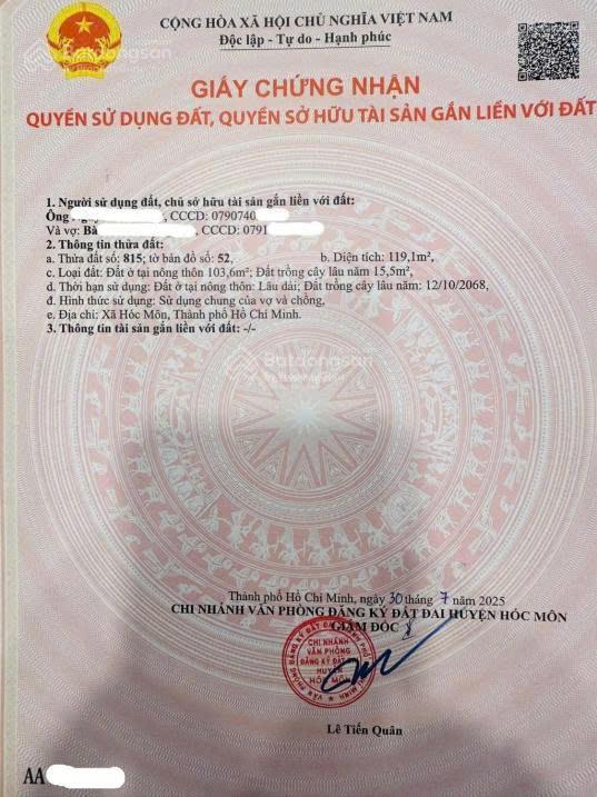 Cần bán gấp lô đất 1 sẹc đường tân hiệp, hóc môn 119m2, hẻm thông lg 10m, shr