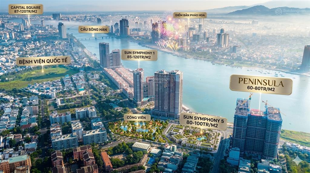 Quỹ căn 2pn peninsula, view sông hàn, pháo hoa, giá từ 65tr/m2, nội thất cao cấp, bàn giao iv/2026