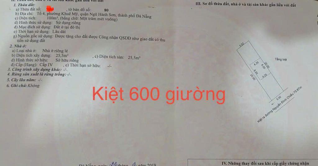 100m/4 tỷ.Bán đất kiện Nguyễn Đình Chiểu,sát 600 giường,Núi Non Nước,Quận NH Sơn