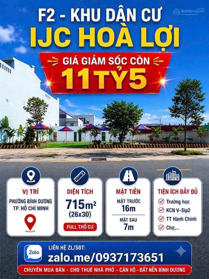 Ngộp thở giảm sâu! bán gấp 715m đất kdc ijc hoà lợi  2 mặt giá chỉ có 11 tỷ 500
