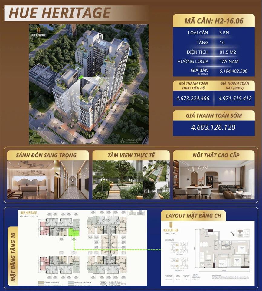 Duy nhất 1 căn 3pn tầng 16 view sông hương, giá nội khu  bàn giao full nội thất liền tường cao cấp