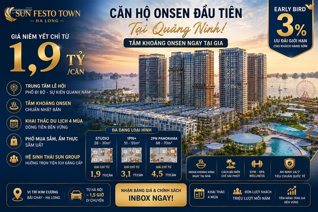 Quỹ căn studio dt 30m2 từ 1,x tỷ tại căn hộ khoáng nóng onsen tại mặt biển bãi tắm bãi cháy hạ long