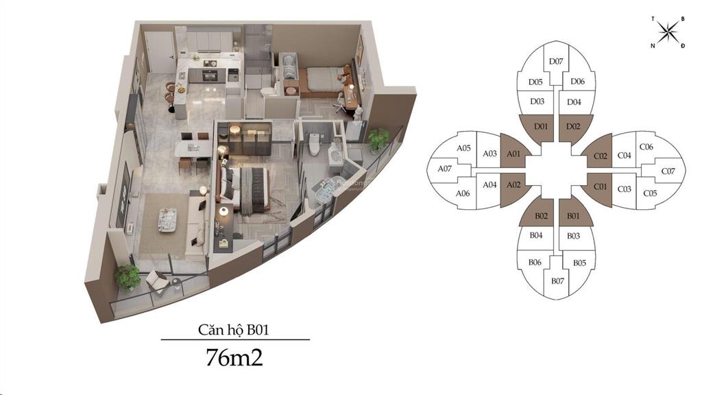 Giảm 1 tỷ căn 2pn 2wc 73m² giá tốt dự án, tầng trung view đẹp, bàn giao full nội thất cao cấp