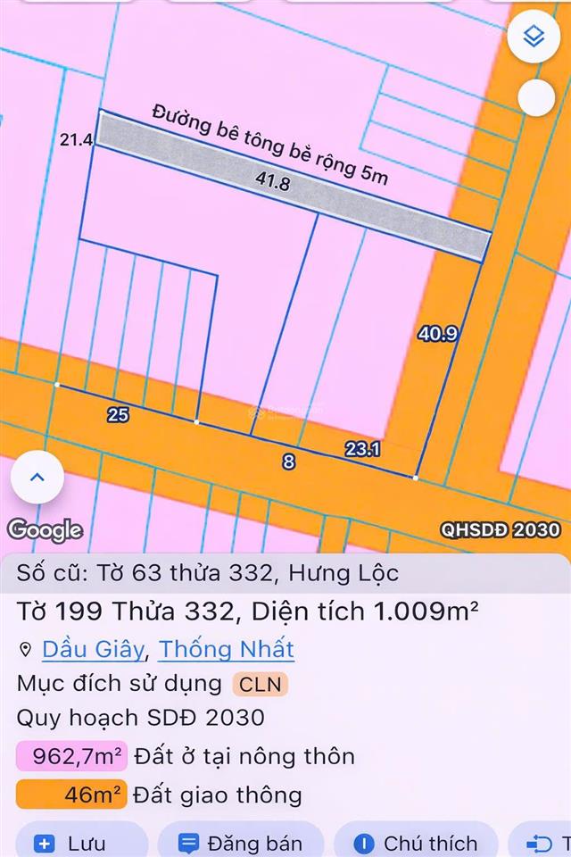 Bán 1000m2 gồm nhà và đất 2 mặt tiền đường nhựa trung tâm ấp 9/4 xã dầu giây, 3.05 tỷ